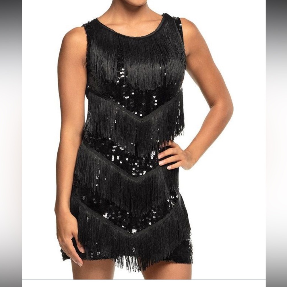 Jerry Beck for Charades Black Sequin Fringe Flapper Dress 1920s Gatsby